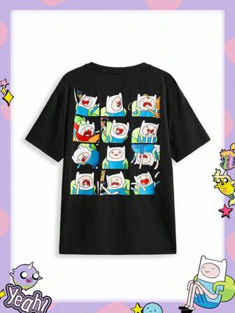 Adventure Time X ROMWE Camiseta de manga corta con cuello redondo, estampado gráfico de dibujos animados, casual y linda para mujer, verano
