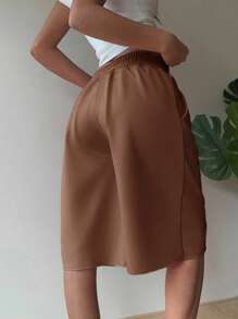 SHEIN EZwear Brown Casual Drawstring Waist Plus Size Women Shorts,Back To School - Brown - View 2