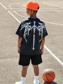 SHEIN Tween Boys' Casual Everyday Versatile Comfortable Graphic Print Crew Neck Loose Pullover Short Sleeve Knit T-Shirt - Grey - View 7
