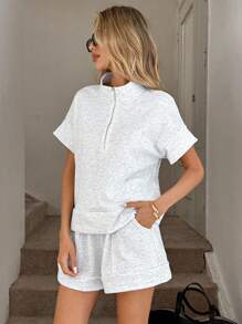 Easowa Set de 2 piezas de top con cuello polo y bolsillo talla grande pantalón corto de pierna ancha, estilo informal y suelto con cremallera, para oficina y uso diario