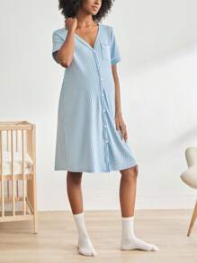 BloomMama Maternity Short Sleeve Ribbed Nursing Nightgown With Button,Fashion Loungewear Sleepwear Pajama Dress Sleep Shirt - Blue - View 5