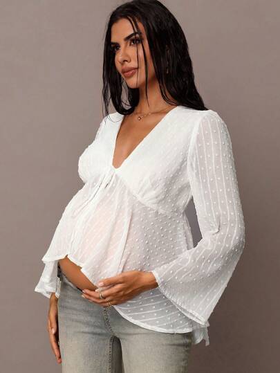 MaterniChic Fall Women Clothes V-Neck Bowknot Decor Maternity Blouse Going Out Tops Women