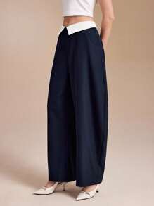 NAJILARAQUELDESIGNS Women White Contrast Collared Waistband Baggy Long Pants, Casual Street Look Wide Leg Pants Business Fall Airport - Navy Blue - View 4
