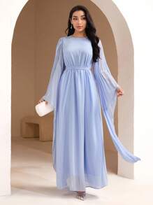 Veilorie 女士优雅纯色腰部系带长裙 - 藍色 - 查看 2