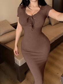 DAZY 荷叶边装饰领系带紧身迷你连衣裙，女士家居服睡衣