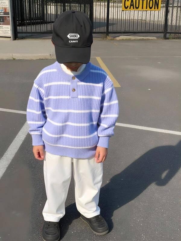 SHEIN Boys Striped Half-Zip Pullover Sweater, Casual Layering Knitwear, Autumn/WinterYoung Boys Sweaters, Casual Blue And White Circular Regular Pattern Striped Semi-Cardigan Knitted Round Neck Semi-Cardigan Pullover With Two Buttons Round Neck Long-Sleeved Semi-Cardigan Autumn And Winter Soft And Comfortable, Suitable For Daily Scenes, Suitable For  Scenes, Suitable For Traveling Scenes, Suitable For Vacation Scenes, Suitable For Home Scenes, Suitable For Children To Play And Wear Back To School Fall