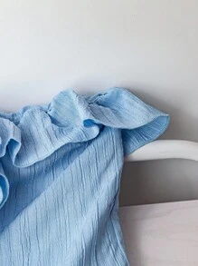 SHEIN LUNE 夏季优雅纯色荷叶边抹胸上衣，浅蓝色荷叶边上衣，度假风 - 藍色 - 查看 4