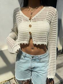 Sunnyshic Casual Versatile Solid Color Hollow Knit Cropped Cardigan, Slouchy Style Fall Winter Cloth For Women - Apricot - View 7