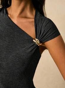 Poéselle Women's Solid Color Asymmetric Neckline Metal Decor Short Sleeve T-Shirt - Grey - View 2