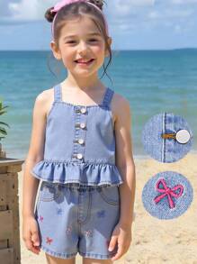 Conjunto de 2 piezas de niña joven de mezclilla: top sencillo + pantalones cortos vaqueros. Conjunto de 2 piezas de niña joven elegante y lindo: blusa de tirantes y pantalones cortos vaqueros bordados - Azul lavado medio - Ver 8