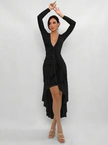 Aloruh Ladies Deep V-Neck Ruched Waist Ruffle Hem Elegant Fitted Long Dress