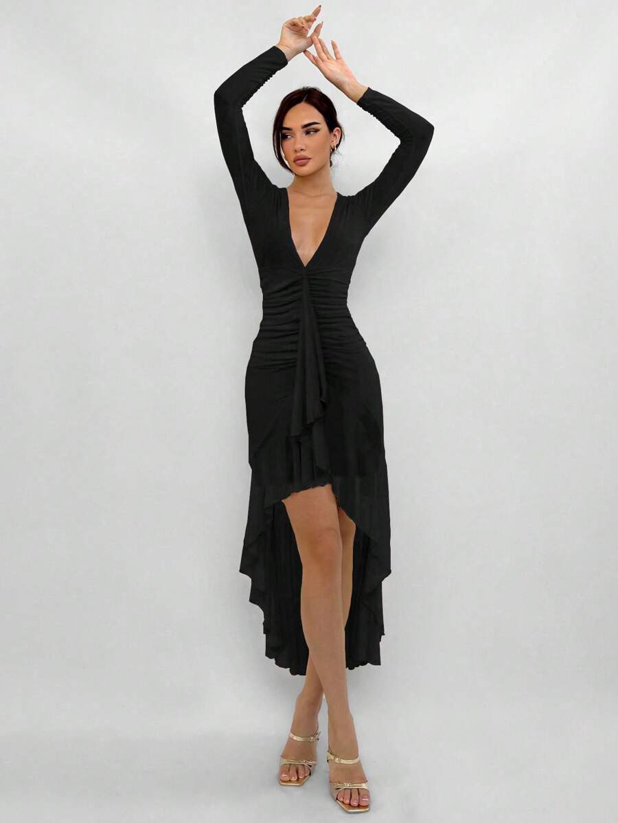 Aloruh Ladies Deep V-Neck Ruched Waist Ruffle Hem Elegant Fitted Long Dress