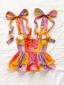 Soleia 女式渐变扎染印花雪纺肩带衬衫，蝴蝶结装饰，荷叶边下摆，适合度假穿着 - 彩色 - 查看 2