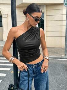 SHEIN X Belinda Siren Gaze Top con un solo hombro plisado de PU color burdeos, top adelgazante con cintura fruncida para mujeres