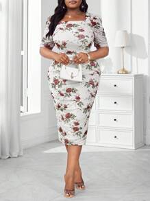 SHEIN Lady فستان جسم مثبت بطبعات زهور أنيقة للسيدات البدينات، فساتين صيفية أنيقة للسيدات البدينات فساتين أنيقة للسيدات البدينات - متعدد الألوان - مشاهدة 5