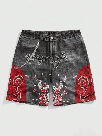 Street Life Shorts vaqueros casuales de verano holgados con estampado floral y de letras para hombre