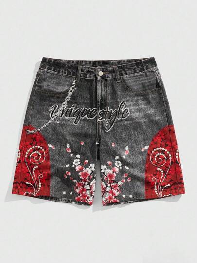 Street Life Shorts vaqueros casuales de verano holgados con estampado floral y de letras para hombre
