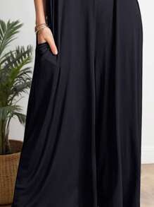 Mono suelto sin mangas con cuello en V y bolsillo, pierna ancha, para mujer, casual de verano