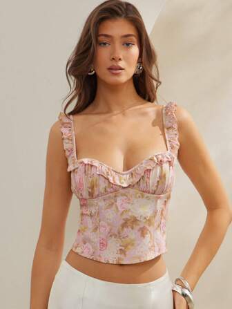 L'Amorae 女式聚拢胸围不对称下摆方领无袖荷叶边印花混合材质上衣