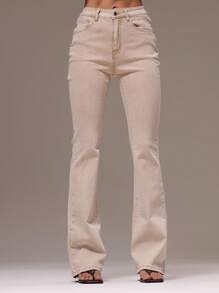 MUSERA 修身低腰喇叭水洗牛仔裤，性感波西米亚风，适合节日、假日、夏季度假，可爱优雅，时尚别致，春季必备 - 卡其色 - 查看 2