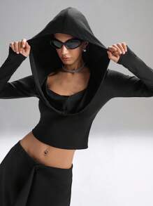 LYSMO Fashionable Solid Color Draped Neck Cropped Hoodie - Black - View 7