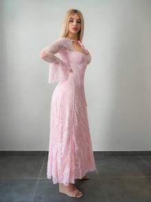 Sweetina Đầm dài hở lưng phối lưới ren chắp vá có gọng - Hồng - Xem 4