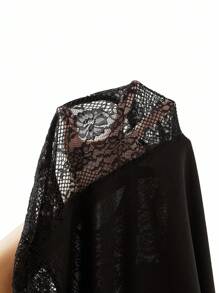 Ellevyn 女士秋季长袖性感透视荷叶边下摆T恤，优雅撞色蕾丝弹力针织商务休闲女装，复古富贵风格，适合秋季女装、教师、外出女装、办公室女装、教师秋季复古富贵风格女式蕾丝上衣 - 黑色 - 查看 7