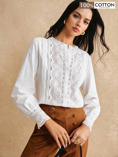 Poéselle Blusa casual de mujer con unicolor, parche bordado, para otoño