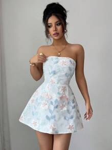 SHEIN LUNE 女士优雅浪漫串珠刺绣花卉图案迷你连衣裙，适合宴会、派对、浪漫约会、花园聚会 - 白色 - 查看 3