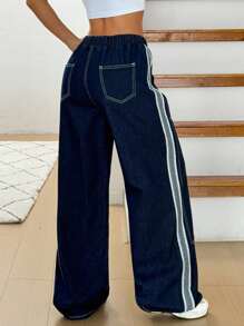 INAWLY INAWLY Women's Casual Washed Contrast Color Wide-Leg Jeans - Blue - View 2