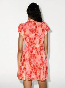 Lumivelle Women's New Summer Layered Ruched Print Mini Halter Neck Dress