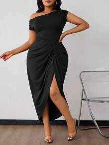SHEIN PETITE CURVE Vestido midi de punto negro elástico y cómodo con detalles drapeados y con abertura, para mujer de talla grande, elegante para citas y fiestas