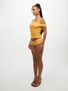 SUMWON WOMEN Ribbed Knit Asymmetric One Shoulder Summer Festival Crop Top Hot Pants Beach Co Ord Set Retro Style Party Outfit - Yellow - View 8