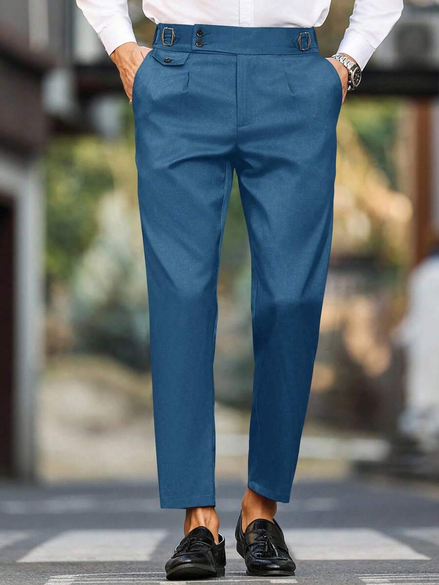 Manfinity Mode Men's Solid Color Pocket Business Casual Dress Pants, Old Money Style - Blue - View 1