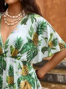 Travachic The White Lotus 大码女式夏季菠萝印花斜领荷叶袖透视罩衫连衣裙 - 彩色 - 查看 7