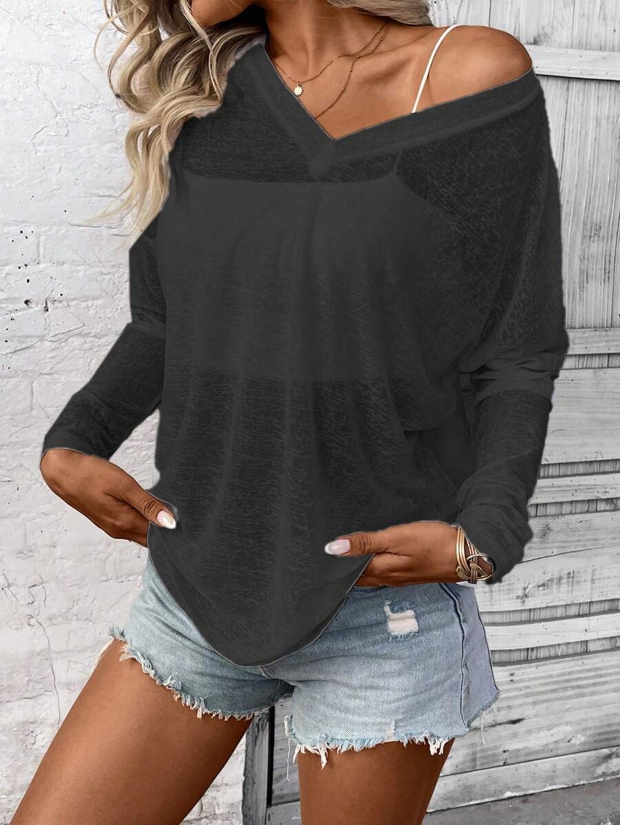 SHEIN LUNE 女士休闲宽松纯色长袖衬衫 - 黑色 - 查看 1