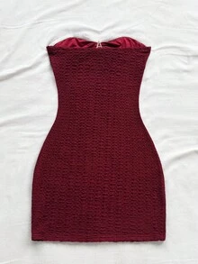 Soleia 女士度假白色针织纹理露肩镂空褶饰金属海星装饰修身迷你连衣裙，性感派对、约会、海滩度假、夏季服装 - 酒紅色 - 查看 2