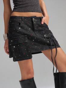 LYSMO Summer Ladies Dark Grey Mini Cargo Denim Skirt With Colored Rhinestones, For Night Out, Street Wear Y2k, Cute Western Elegant Wedding Guest - Multicolor - View 7