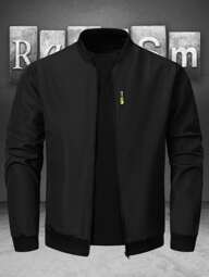 Manfinity Homme Chaqueta bomber de tela negra para hombre con mangas largas regulares y cierre con cremallera para uso diario, otoño