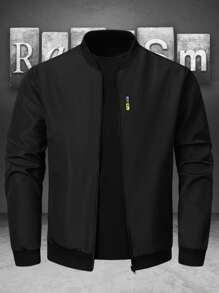 Manfinity Homme Men Black Fabric Bomber Jacket With Long Regular Sleeves And Zipper Closure For Everyday Wear , Fall