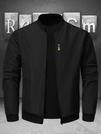 Manfinity Homme Men Black Fabric Bomber Jacket With Long Regular Sleeves And Zipper Closure For Everyday Wear , Fall