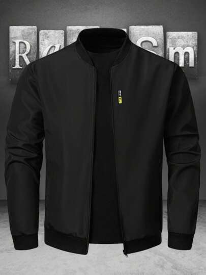 Manfinity Homme Men Black Fabric Bomber Jacket With Long Regular Sleeves And Zipper Closure For Everyday Wear , Fall