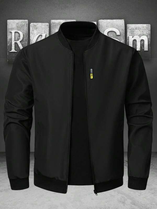 Manfinity Homme Jachetă casual neagră cu fermoar pentru bărbați, mărime mare