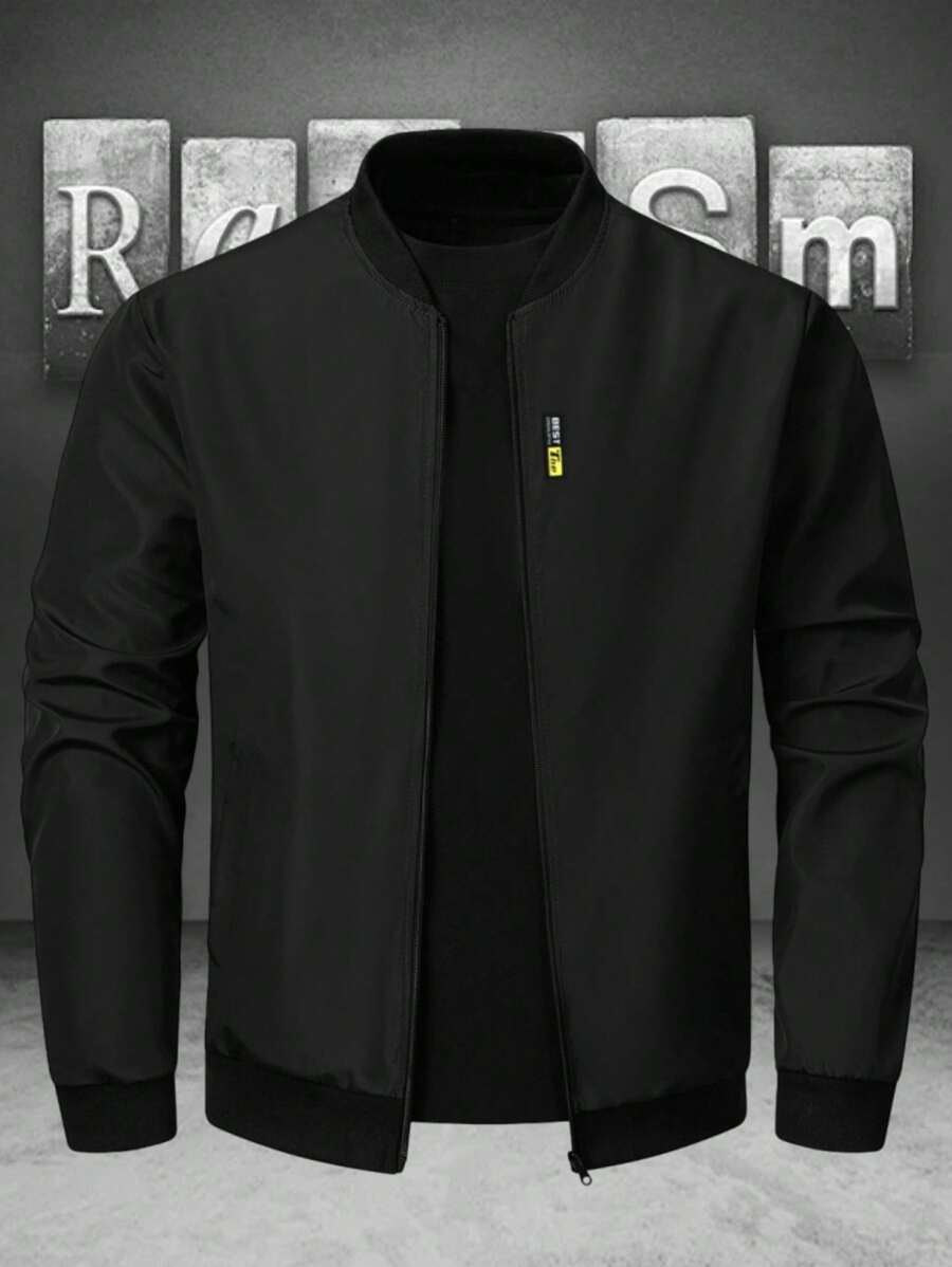 Manfinity Homme Men Black Fabric Bomber Jacket With Long Regular Sleeves And Zipper Closure For Everyday Wear , Fall