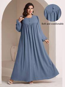 Veilorie Plus Size Women Elegant Solid Color Maxi Arabic Style Dress Fall - Blue - View 1