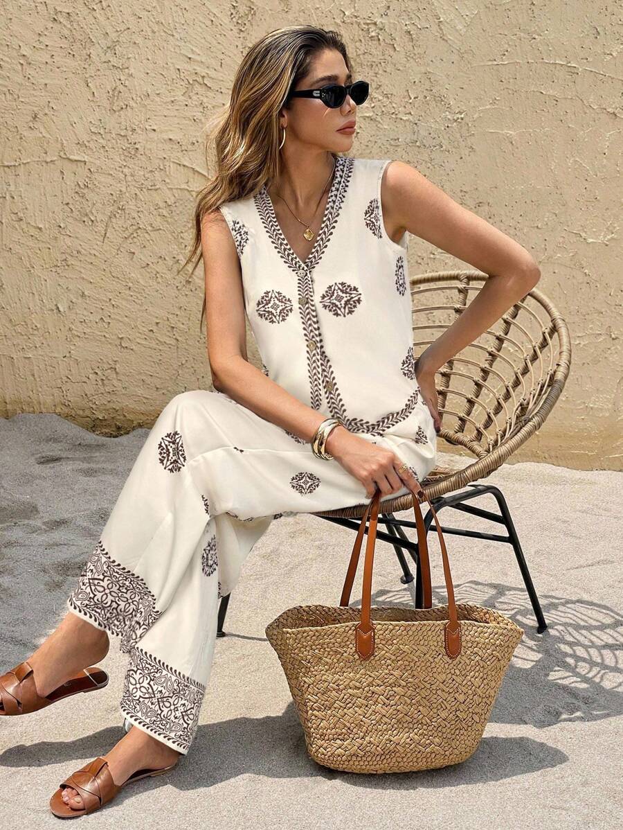 SHEIN Frenchy 2pcs Women Vacation Casual Printed Tank Top & Pants Set Brown Summer Casual Holiday Resort - Khaki - View 1