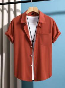Manfinity Homme 男士休闲纯色短袖衬衫，适合夏季日常户外穿着 - 亮橙色 - 查看 3