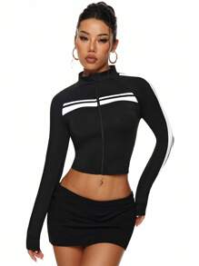 Easithlete 女士条纹插肩袖拉链修身运动夹克 - 黑與白 - 查看 7