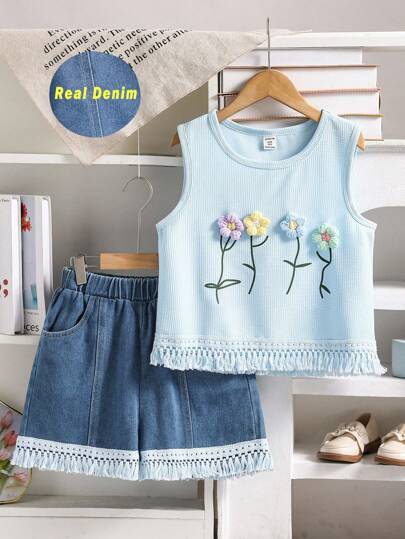 SHEIN 2pcs Set Tween Girls Formal Textured Fabric Embroidery Floral Design Paired With Fringed Denim Shorts, Suitable For Daily, Casual, Holiday, Sister Gathering, School, Campus, College