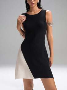 LYSMO Women's Black And Beige Patchwork Mini Sweater Dress,Autumn Chic Sleeveless Skinny Dress For Date,Formal Cocktail Party Wedding Guest Office Wear - Black and White - View 7